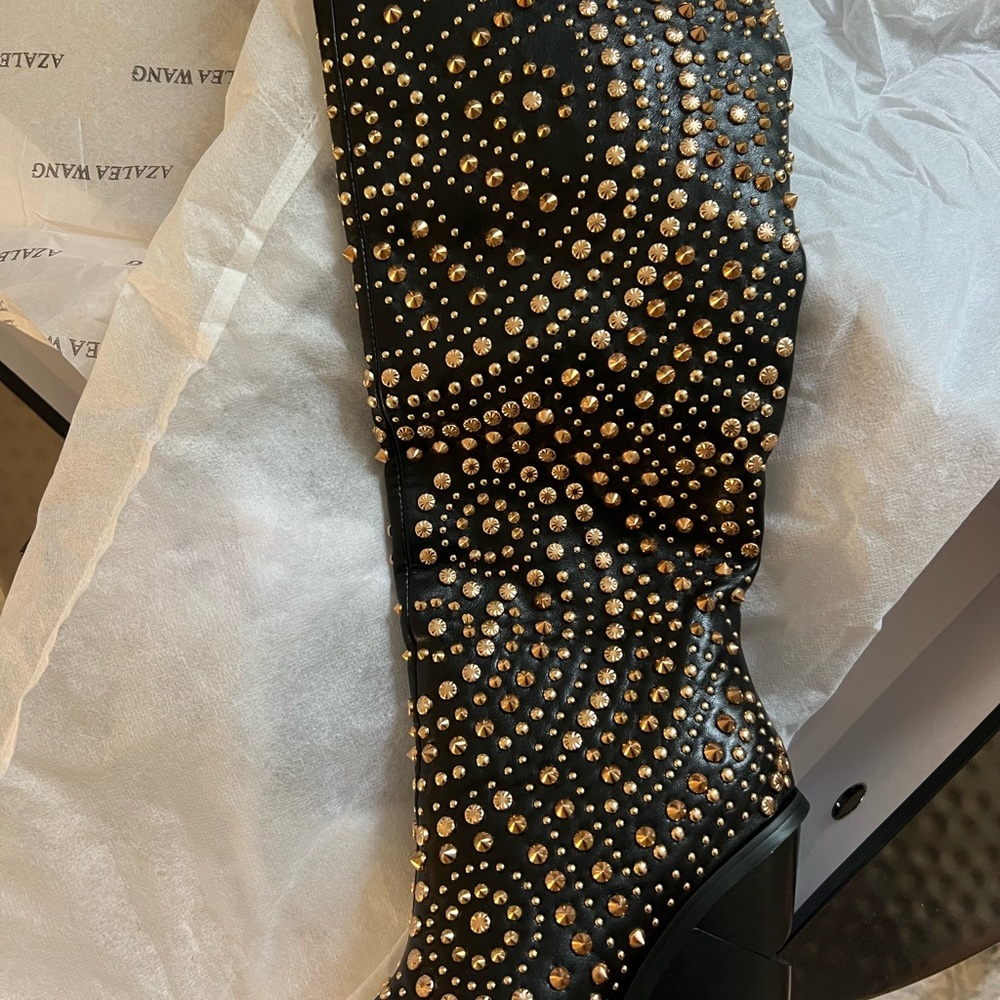 Black and Gold Heeled Boots with Studded Design